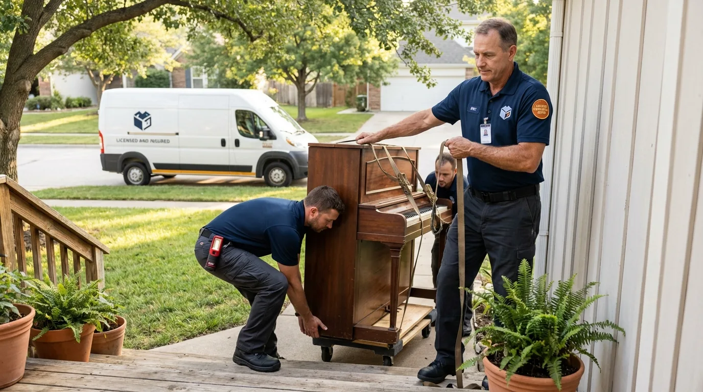 Licensed piano movers securing grand piano in Tamworth, NH