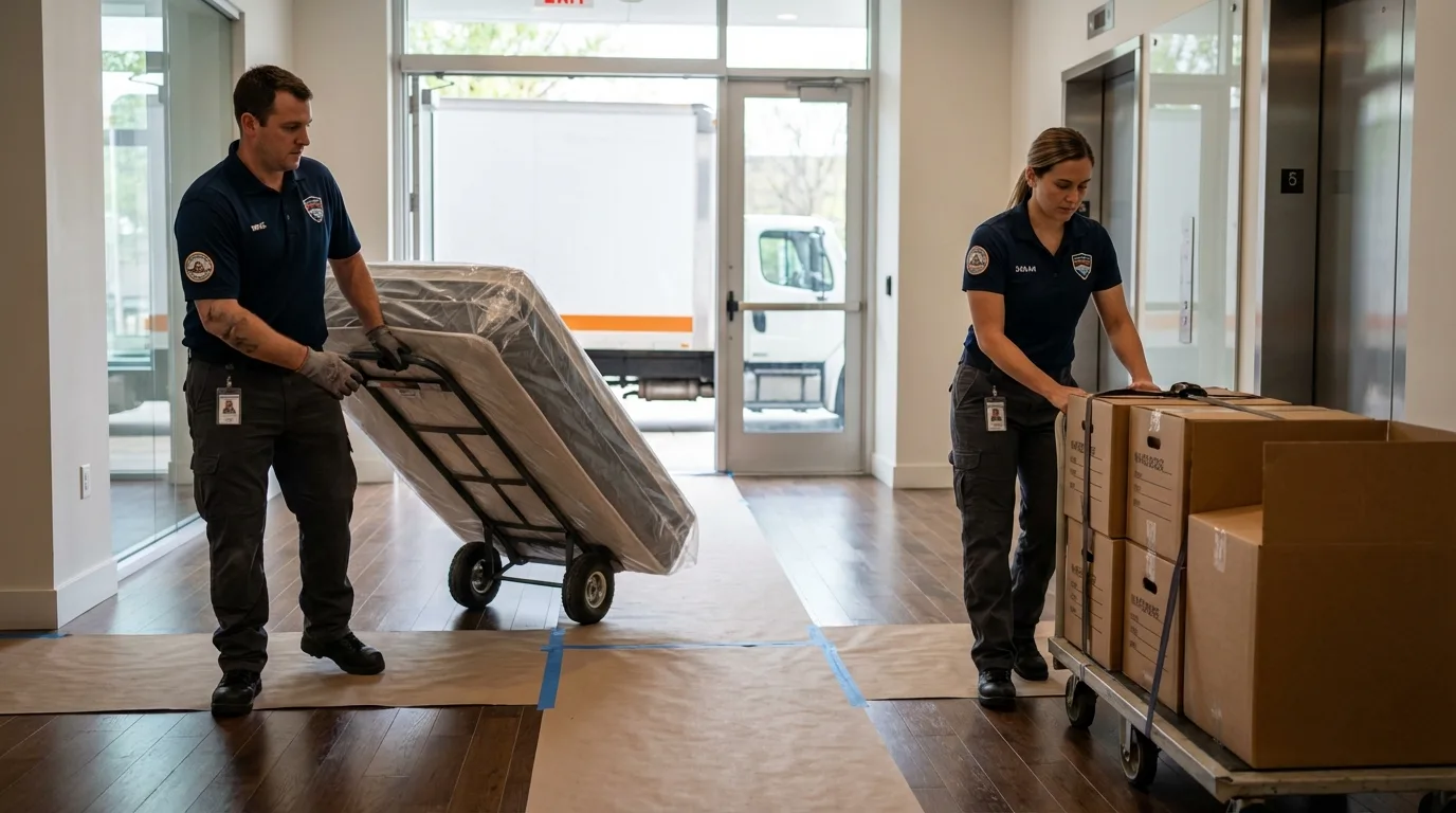 Professional apartment movers loading elevator in Tamworth, NH