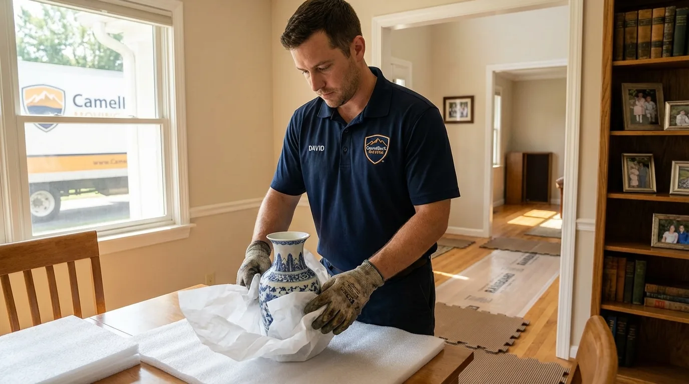Professional crew carefully wrapping antique vase for senior downsizing move in Tamworth, NH