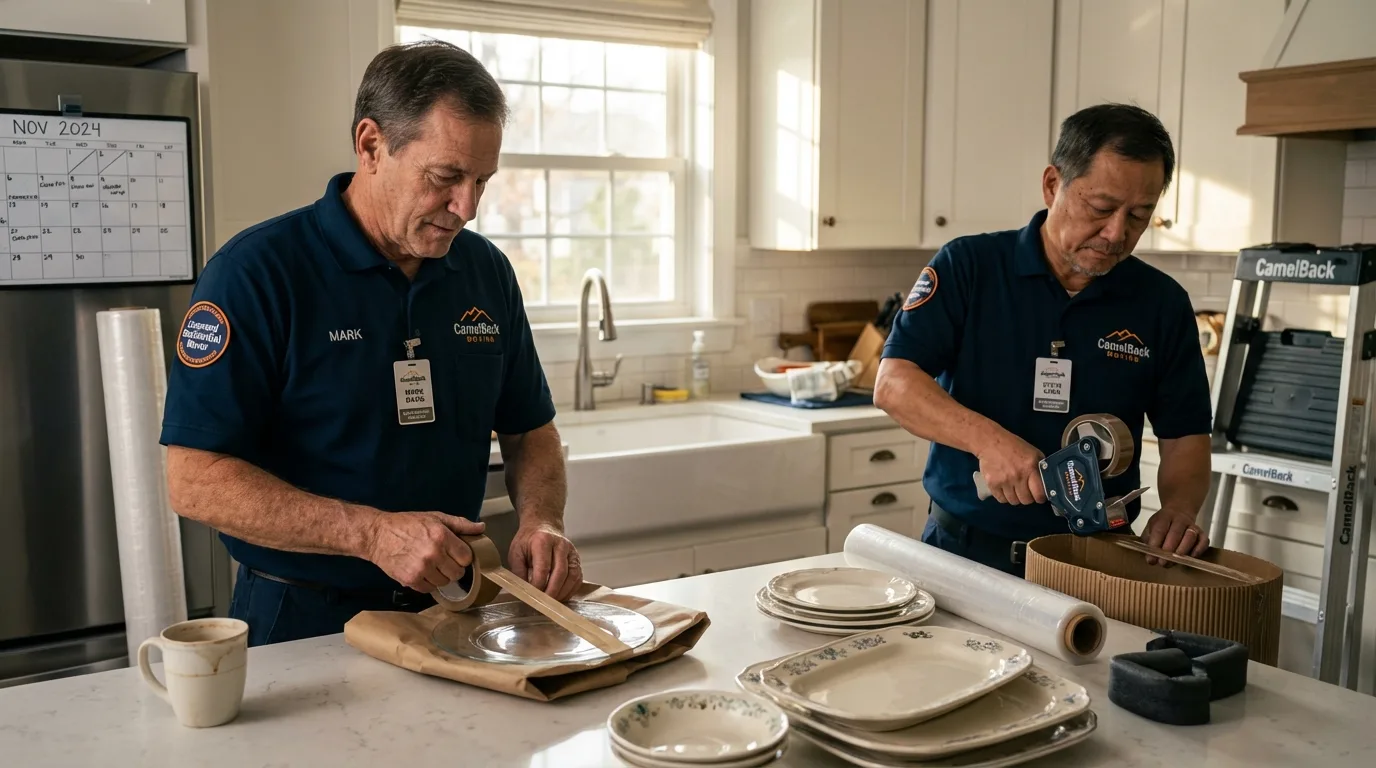 Professional crew packing kitchen dishware in Tamworth, NH